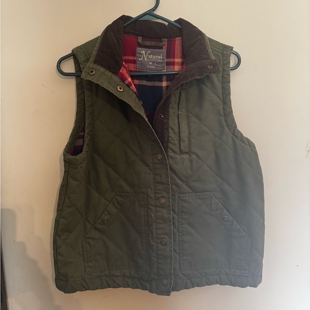 Natural Reflections Olive Vest with Plaid Interior